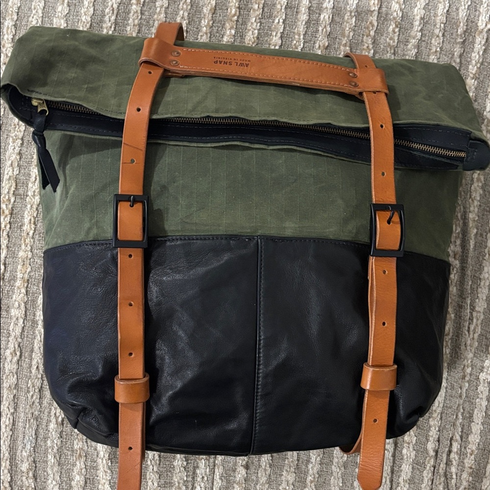 Awl Snap Waxed Canvas Leather Adjustable Backpack Tote Olive Green Black Tan - Picture 2 of 16